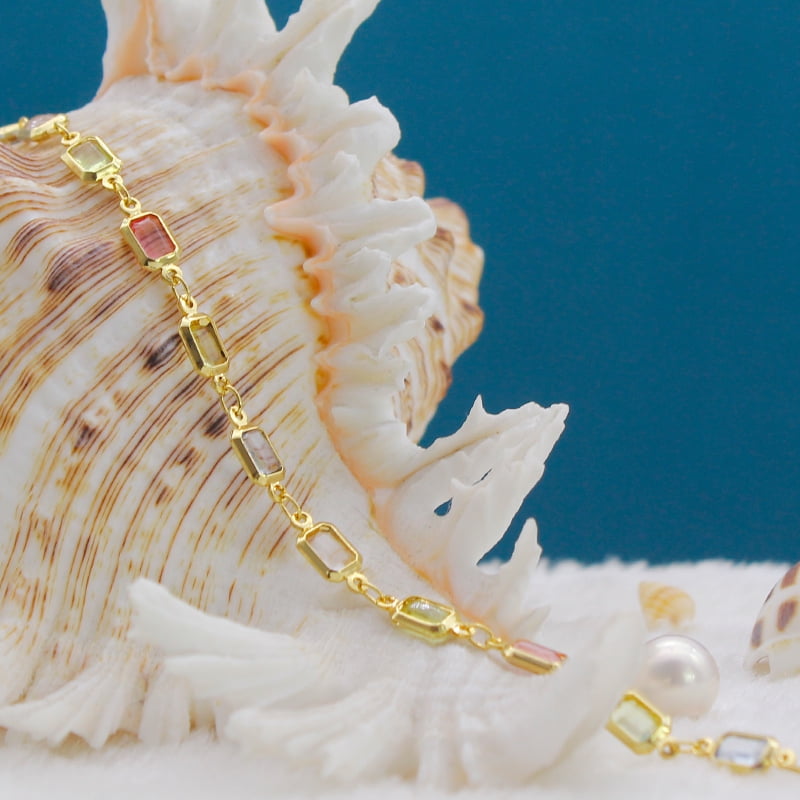 18K Gold Filled  Polish Finsh  Gold and Multi Color Light Color Crystal Baguette Anklet
