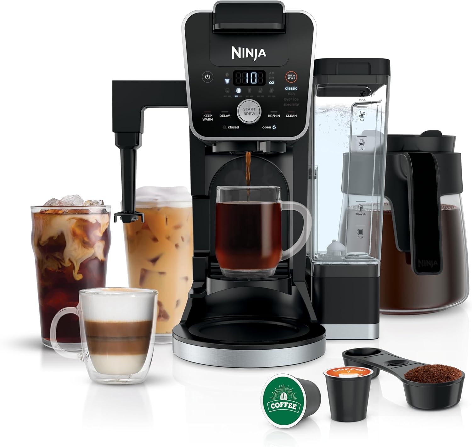 Coffee Machine | Dual Brewing Single-Port System | 4 Brewing Modes | Keep-Warm Function and Built-in Foaming Device | 14 Glass Filters and Removable 70-Ounce Water Tank | Black