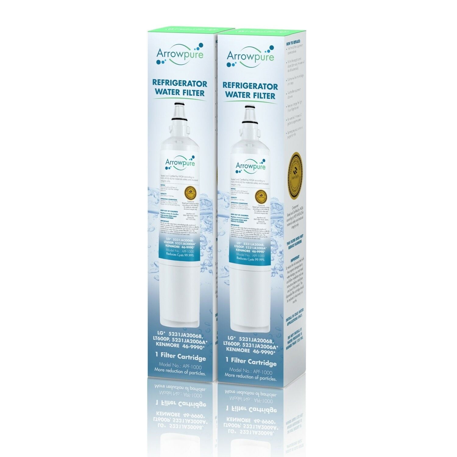 2 Pack Refrigerator Water Filter Replacement by Arrowpure | Certified According to NSF 42&372 | Compatible with LG LT600P, LG 5231JA2006A, 5231JA2006B, KENMORE 46-9990