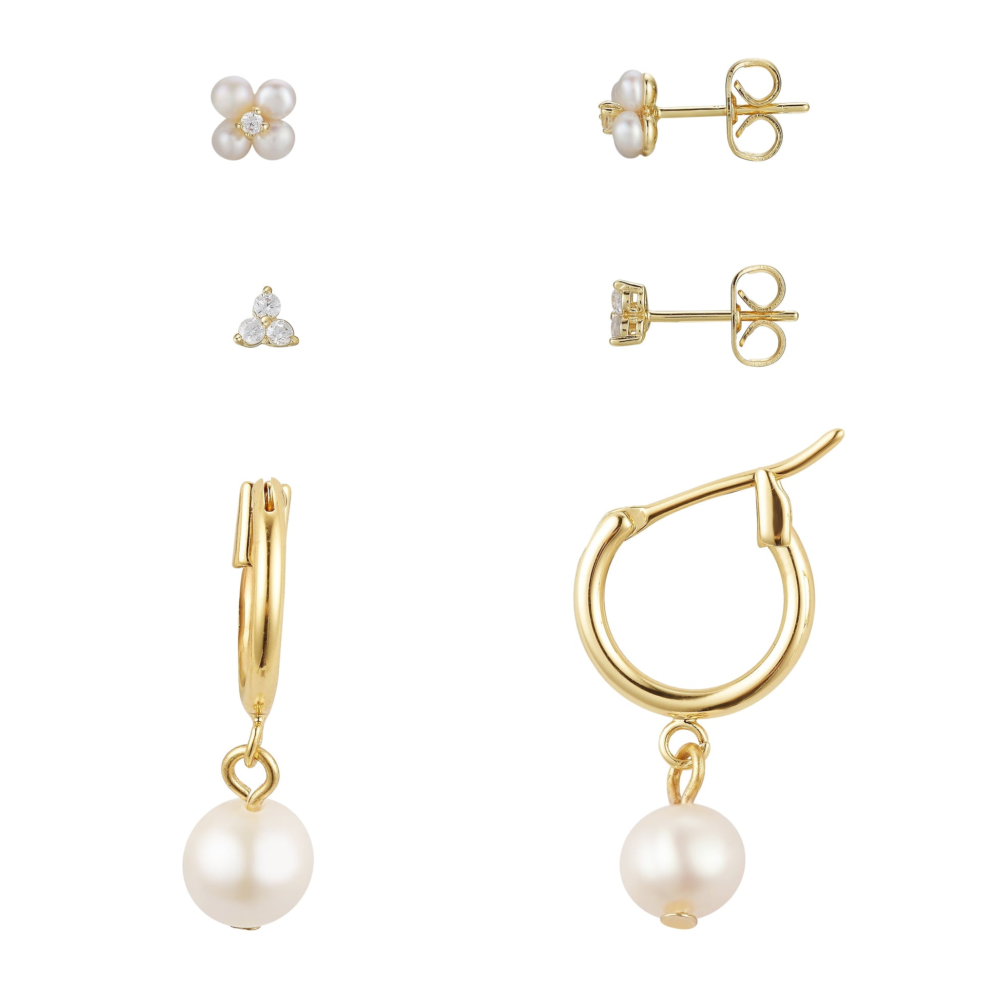 14kt Gold Flash-Plated Cubic Zirconia and Simulated Pearl Hoop Earring Trio