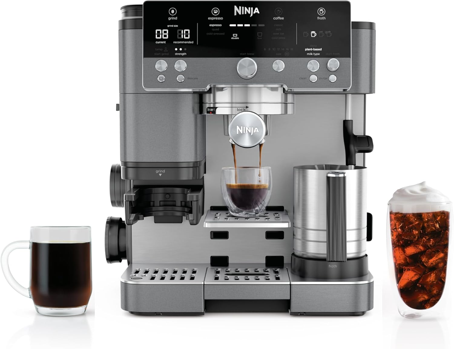Italian coffee machine, drip coffee machine, rapid cold brew coffee machine, integrated grinder, hand-free milk frother, equipped with a strike plate, water filter, cleaning sheet, descaling agent
