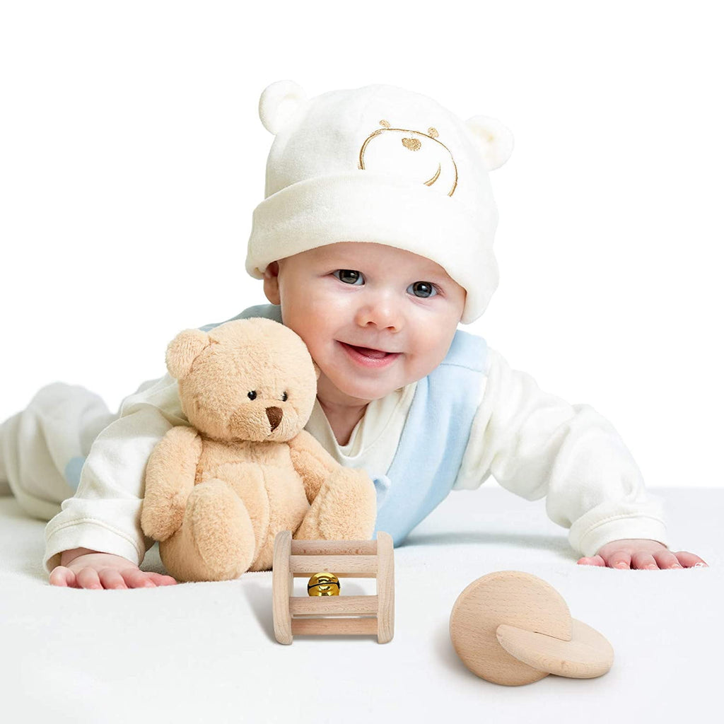 2 Pieces Wooden Rattle Wood Interlocking Discs Montessori Toys Wooden Teether Toys Wooden Rattle with Bell Nice Gift for Baby Boys and Girls Birthday Party Favor