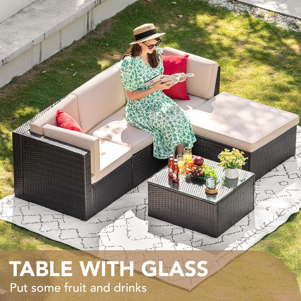 5 Pieces Patio Furniture Sets All Weather Outdoor Sectional Patio Sofa Manual Weaving Wicker Rattan Patio Seating Sofas with Cushion and Glass Table(Beige)