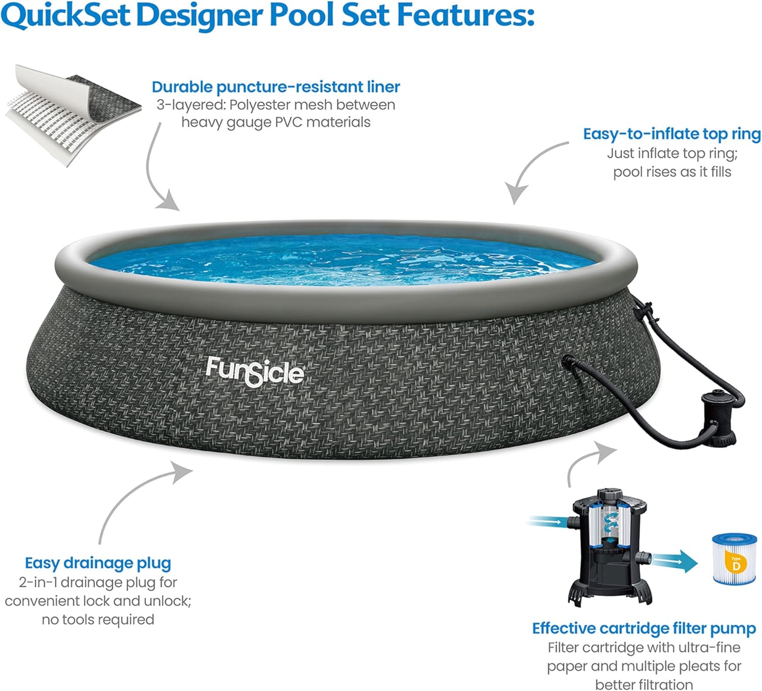 12 Foot by 36 Inch Quickset Round Inflatable Ring Top Outdoor Above Ground Swimming Pool Set with Pump and Cartridge Filter, Dark Herringbone