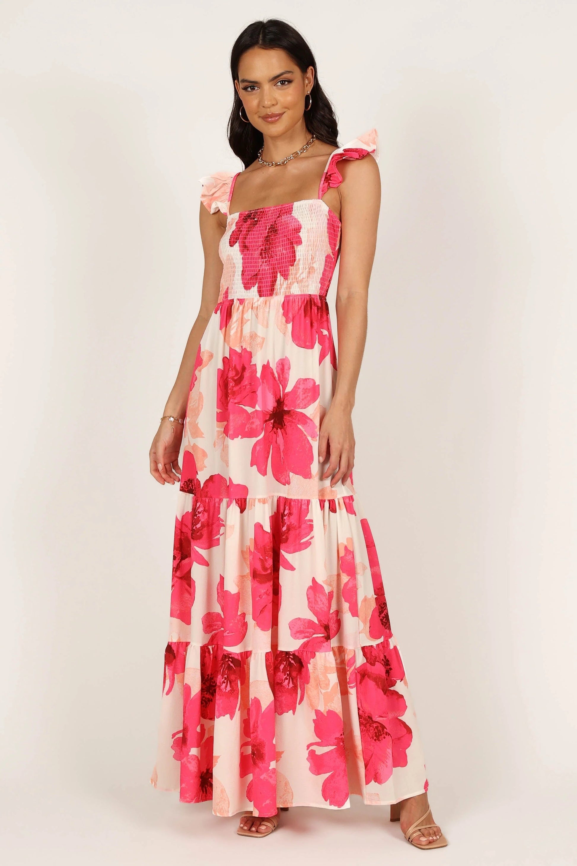 Adjustable-Strap Shirred Bodice Maxi Dress