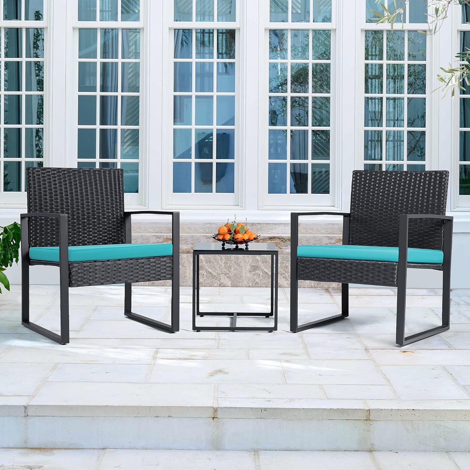 3 Pieces Patio Set Outdoor Wicker Furniture Sets Modern Rattan Chair Conversation Sets with Coffee Table for Yard and Bistro (Black)
