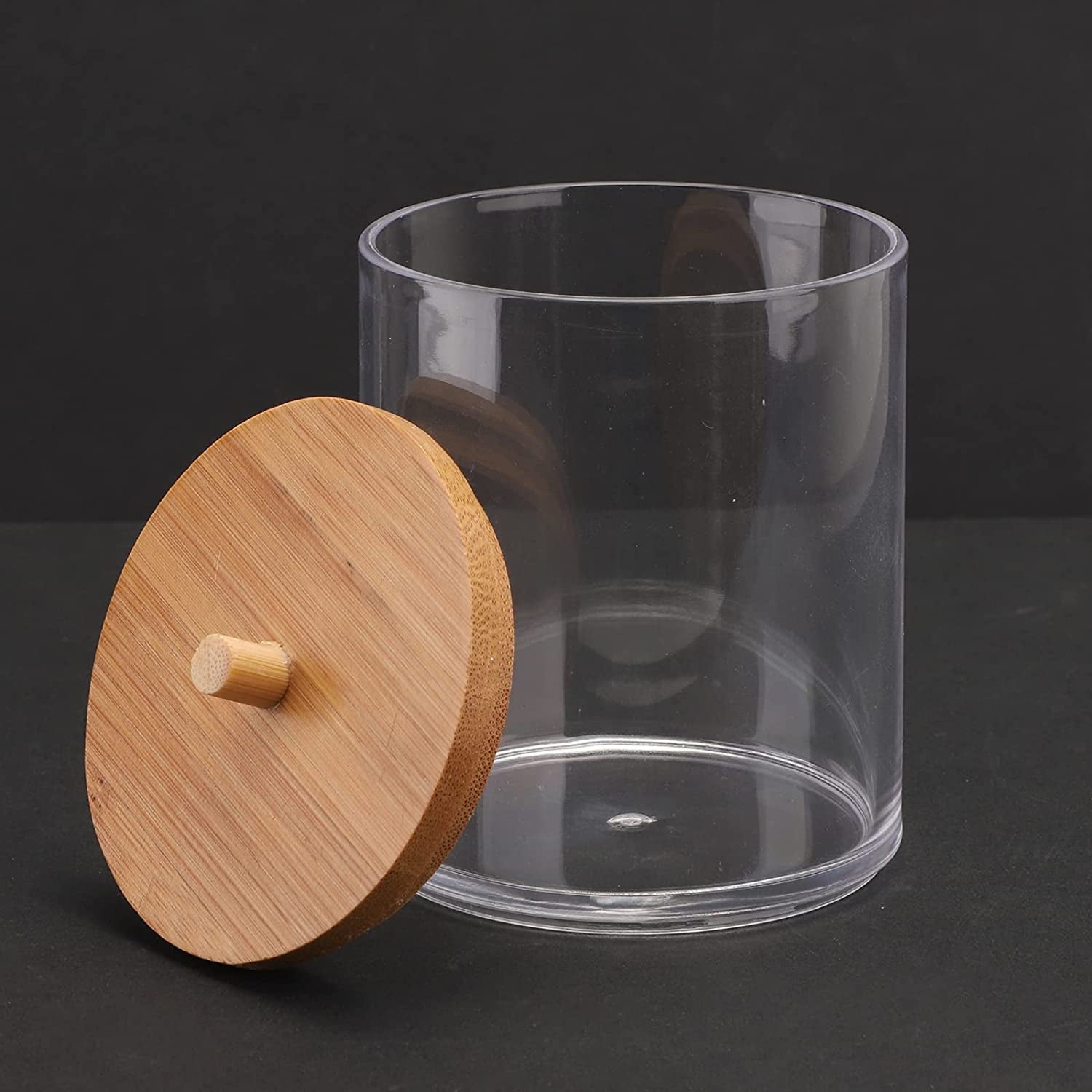 2 PCS Acrylic Qtip Holder Dispenser Bathroom Jars with Bamboo Lids, Cotton Ball Pad Round Swab Holder for Bathroom Accessories Storage Organizer