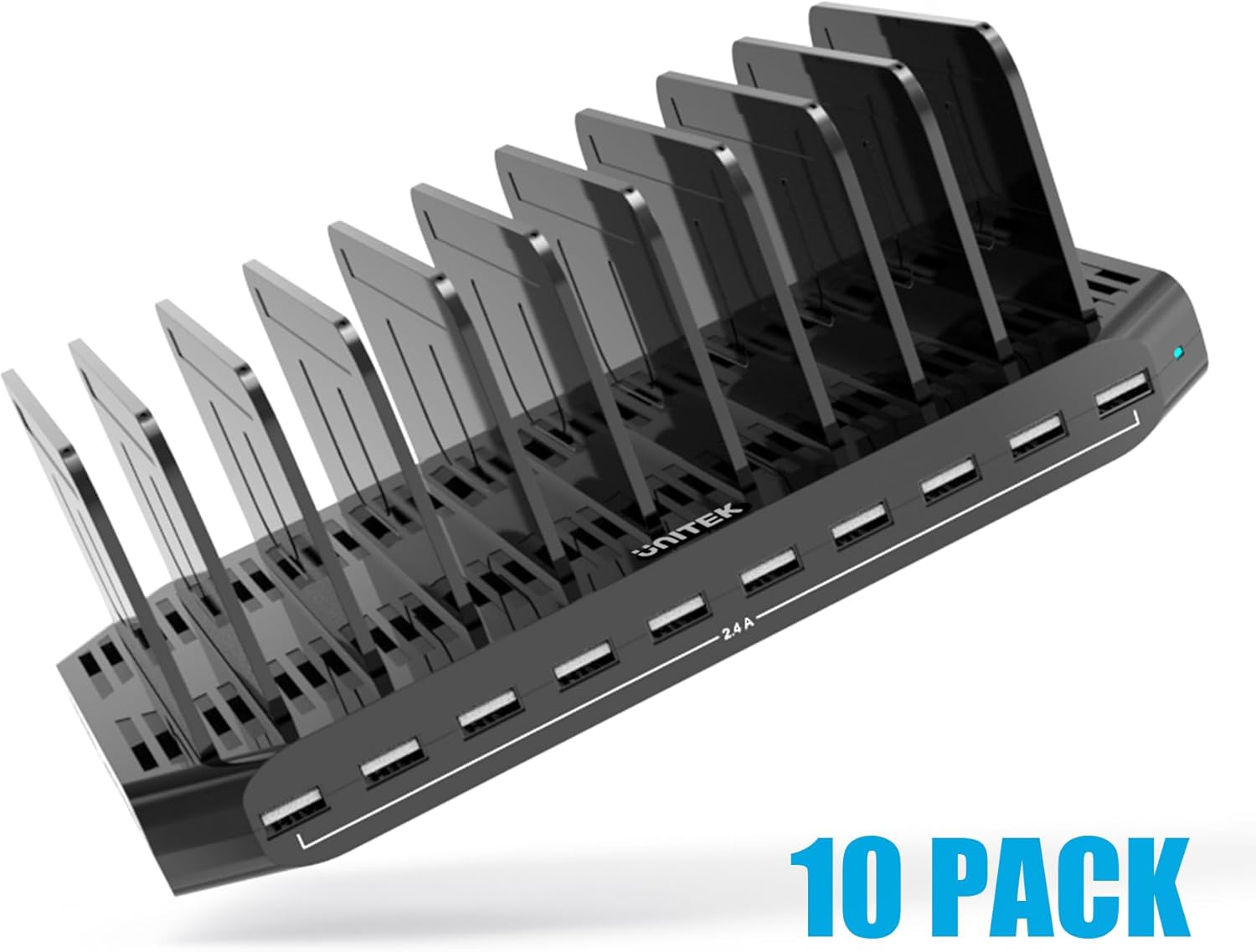 A charging interface station with 10 USB fast charging ports and adjustable partitions, suitable for charging multiple devices such as iPads, iPhones, tablets and mobile phones - 5-piece set, black