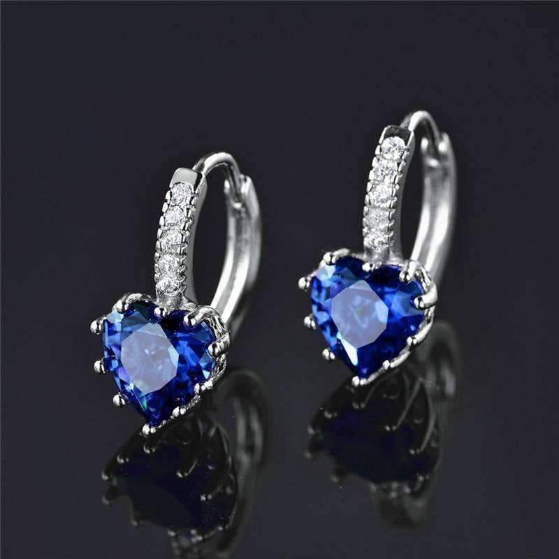 18K White Gold Plated Heart Shaped Midnight Blue Diamond CZ Solitaire Hoop Earrings For Woman