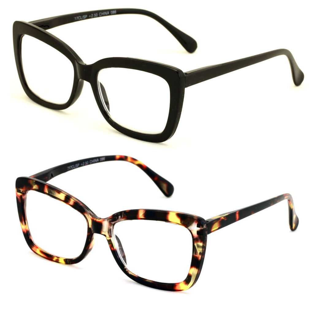 2 Pairs Women Big Lens Butterfly Reading Glasses – Fun Cateye Clear Lens Readers – Black Tortoise