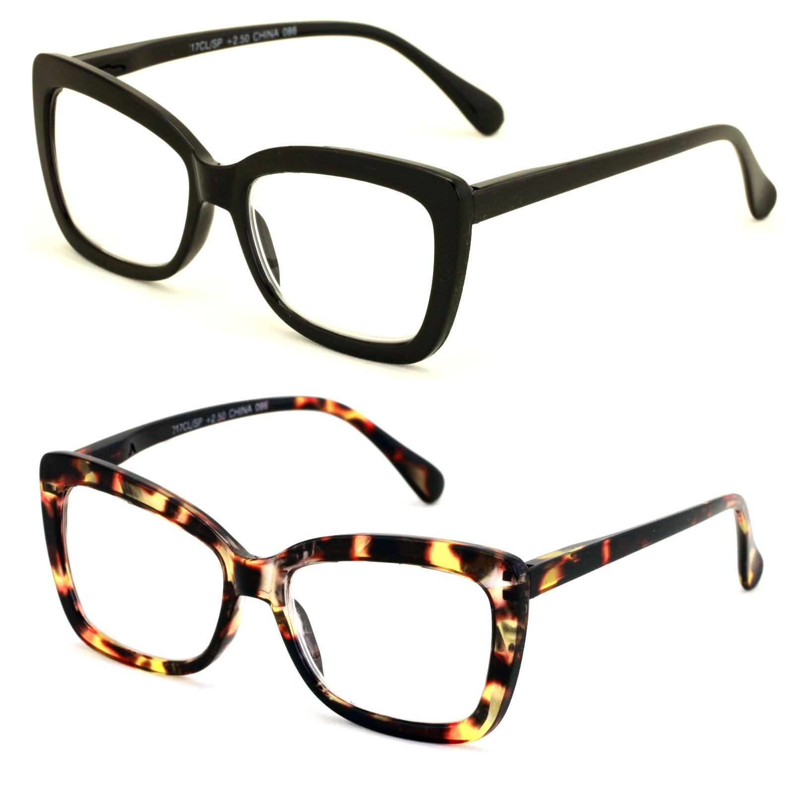 2 Pairs Women Big Lens Butterfly Reading Glasses – Fun Cateye Clear Lens Readers – Black Tortoise