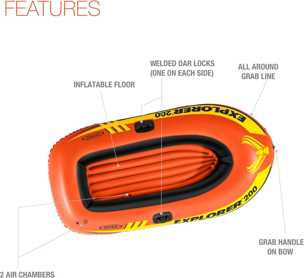 Explorer Inflatable Boat Series: Dual Air Chambers – Welded Oar Locks – Grab Handles – Bow Rope – Sporty Design