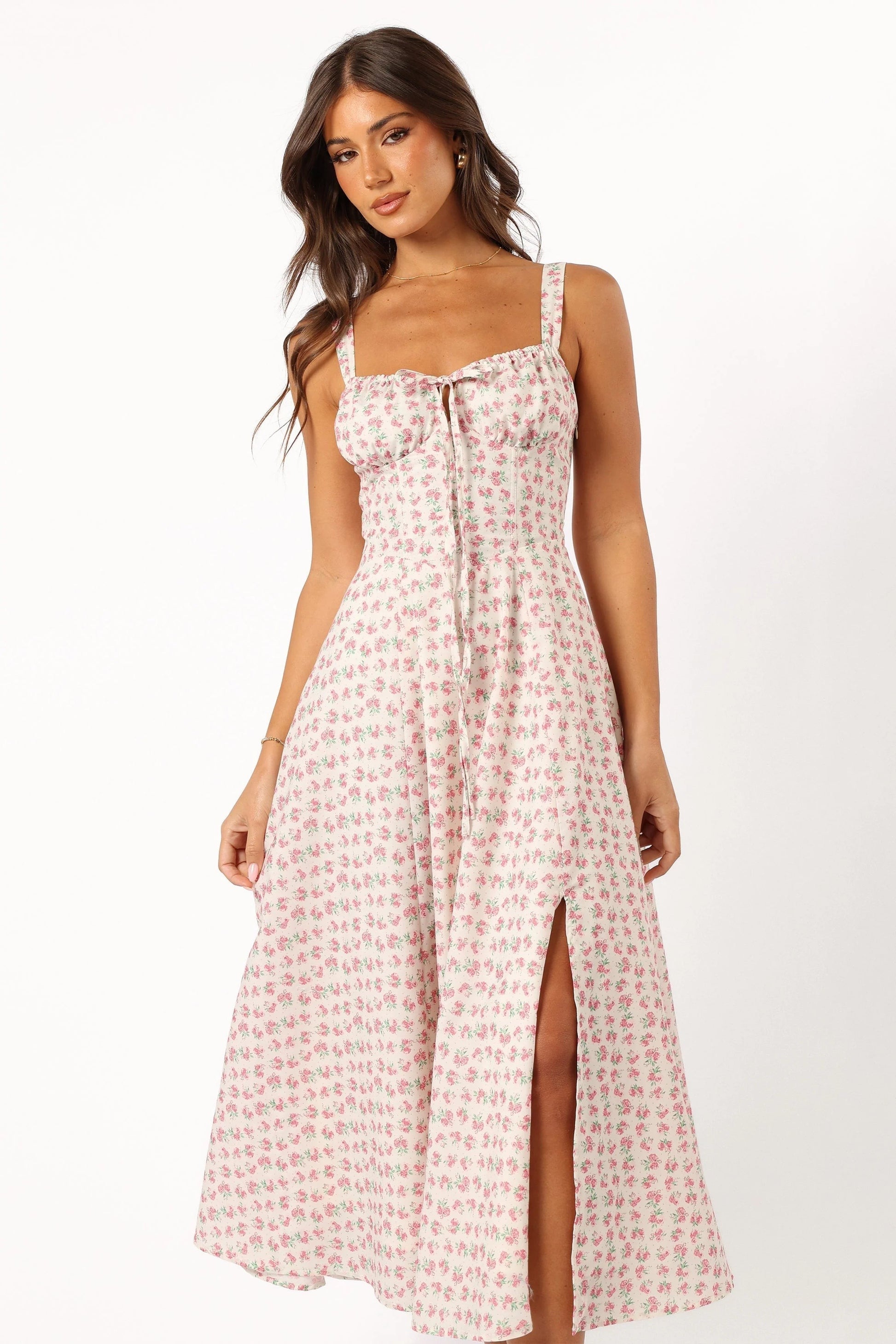 Boned Bodice Lace-Up Midi Dress