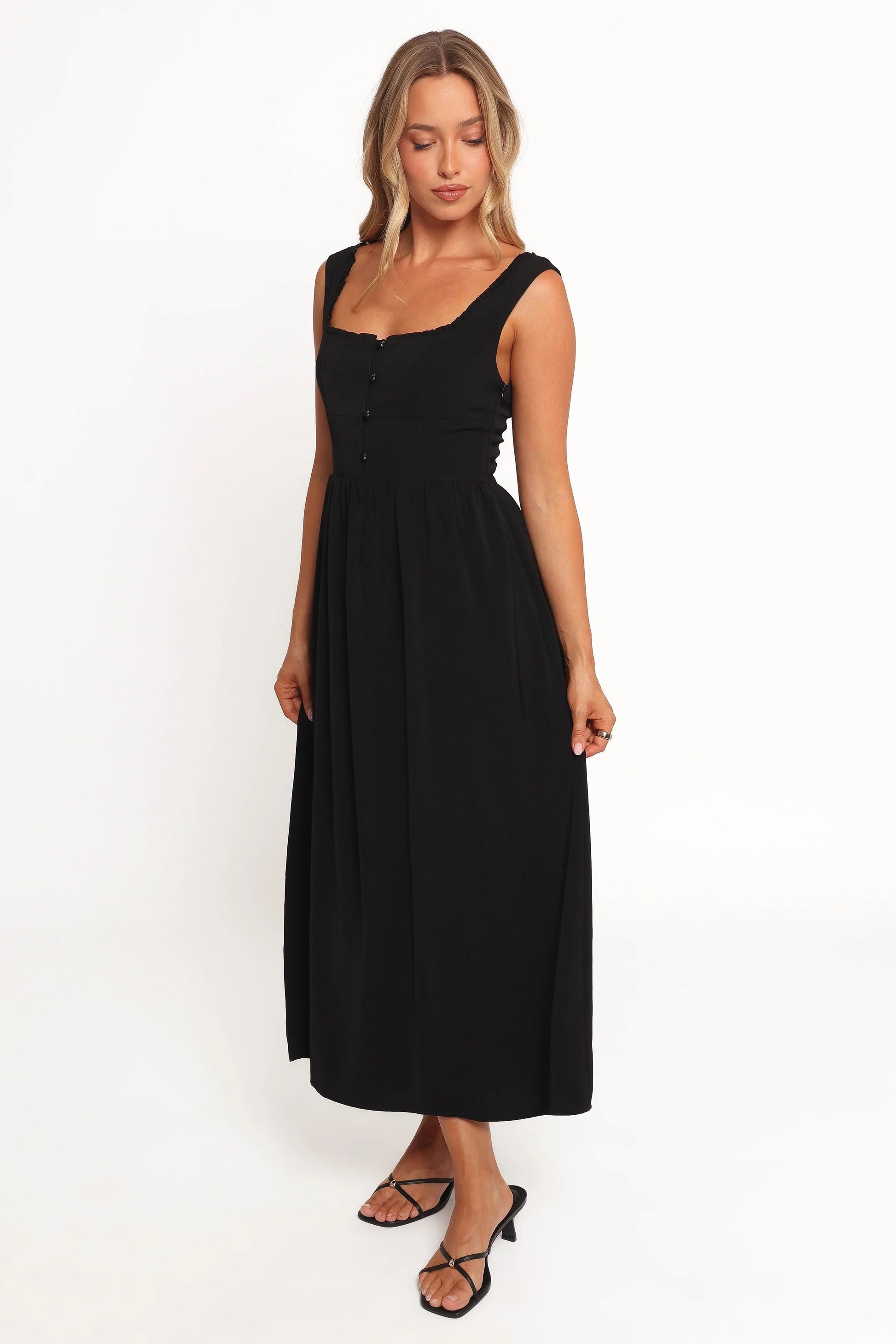 Button-Front Square-Neck Midi Dress