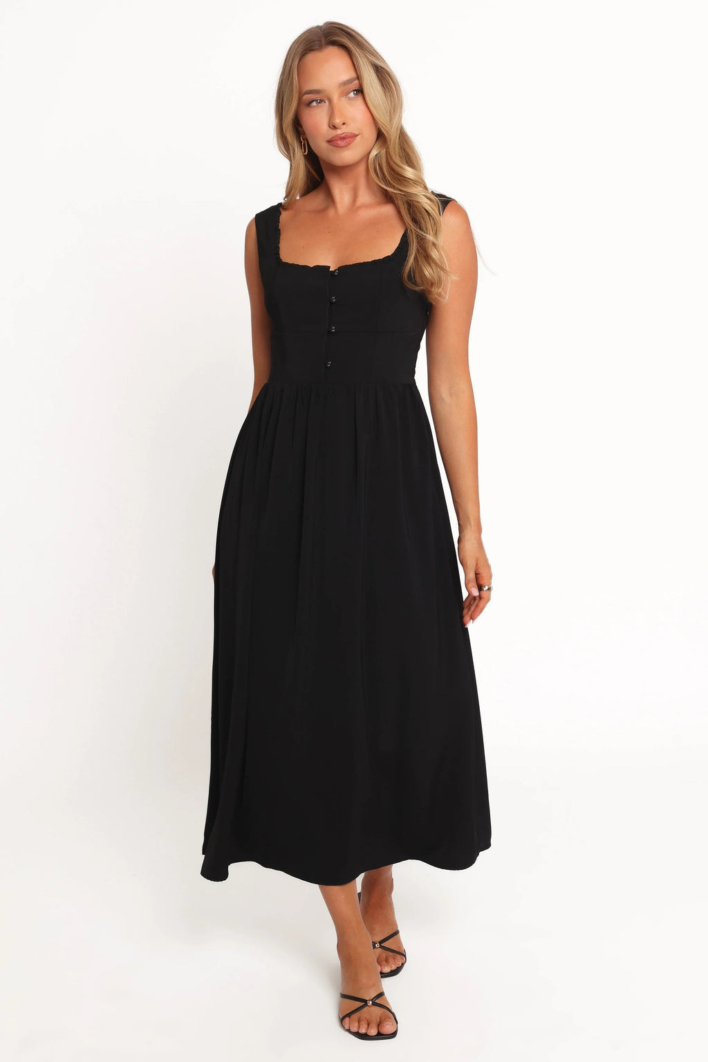 Button-Front Square-Neck Midi Dress