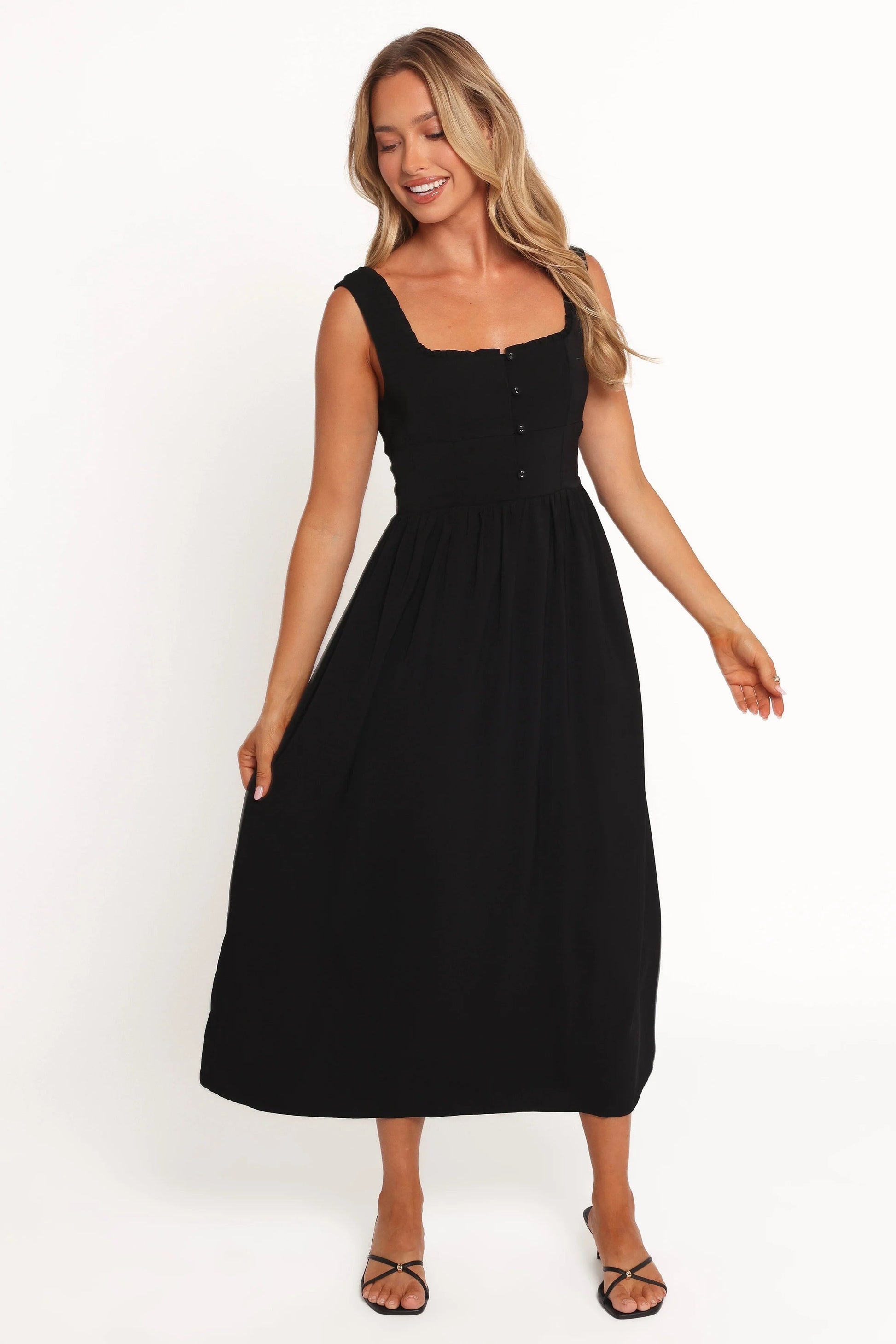 Button-Front Square-Neck Midi Dress