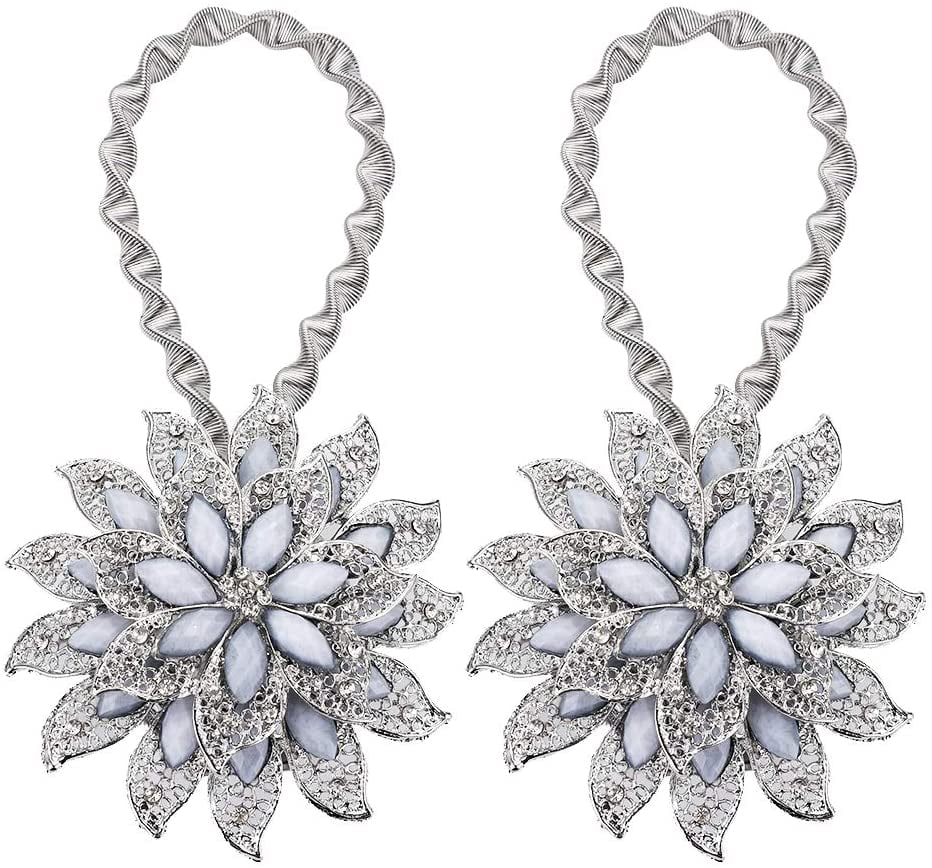 2 Pcs Crystal Curtain Magnetic Tiebacks – Decorative Big Flower Curtain Clips Buckle with Stretchy Wire Rope, Sparkling Drapery Holdsbacks for Home Office Decor, Silver