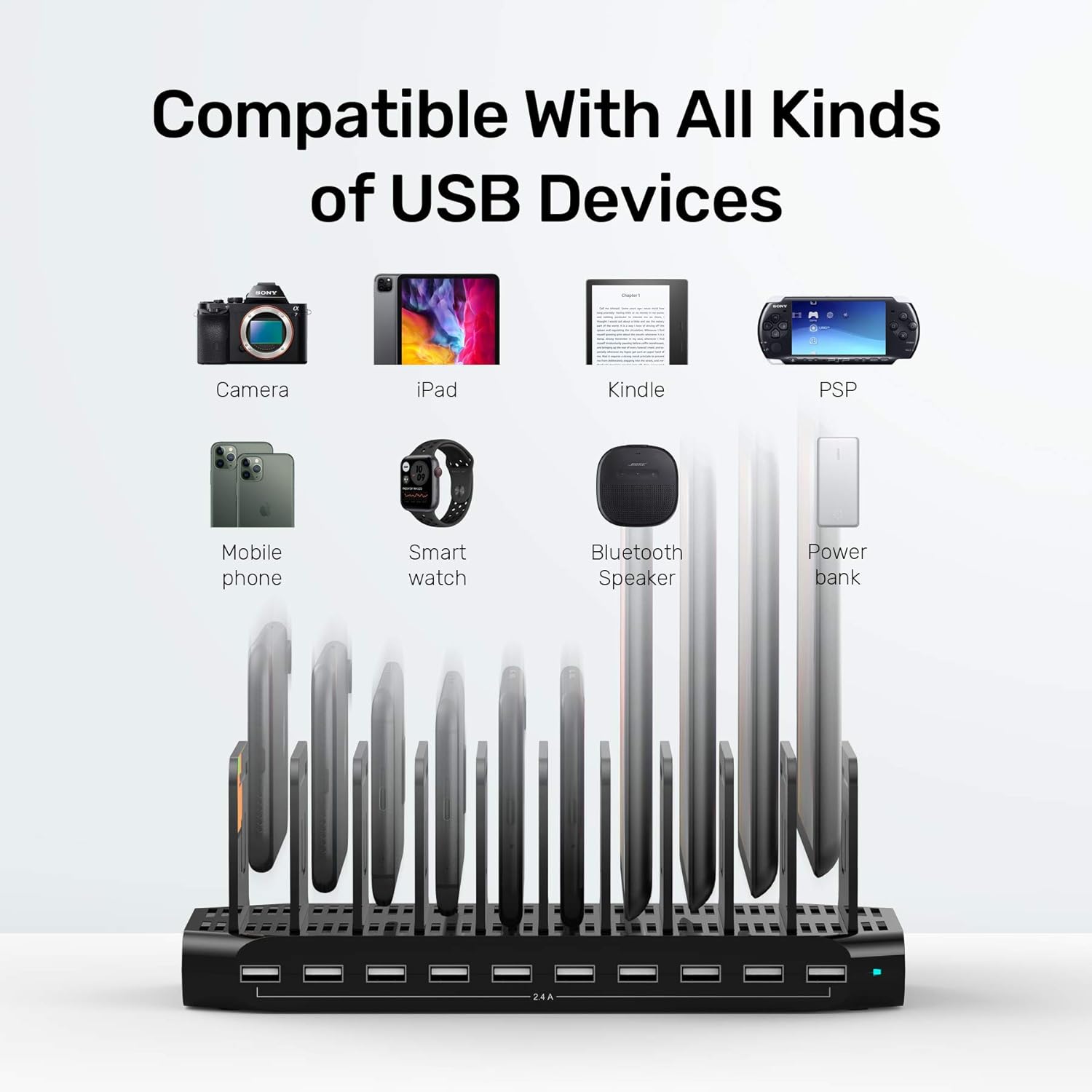 A charging interface station with 10 USB fast charging ports and adjustable partitions, suitable for charging multiple devices such as iPads, iPhones, tablets and mobile phones - 5-piece set, black