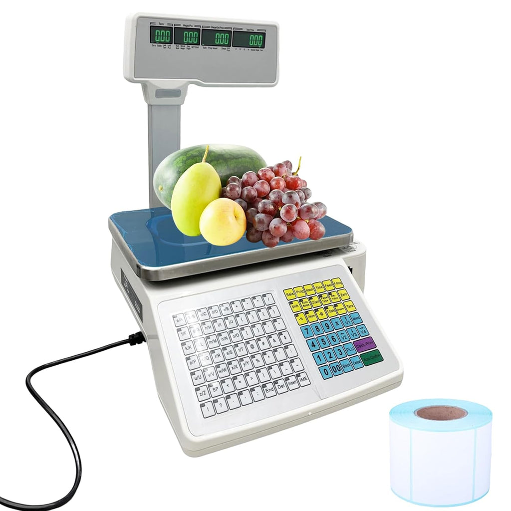 Commercial digital scale, equipped with thermal printer, 4 window vertical double-sided LCD display, capable of printing labels, maximum load capacity of 66 pounds, 110 volts, portable, suitable for warehouses, restaurants, bakeries
