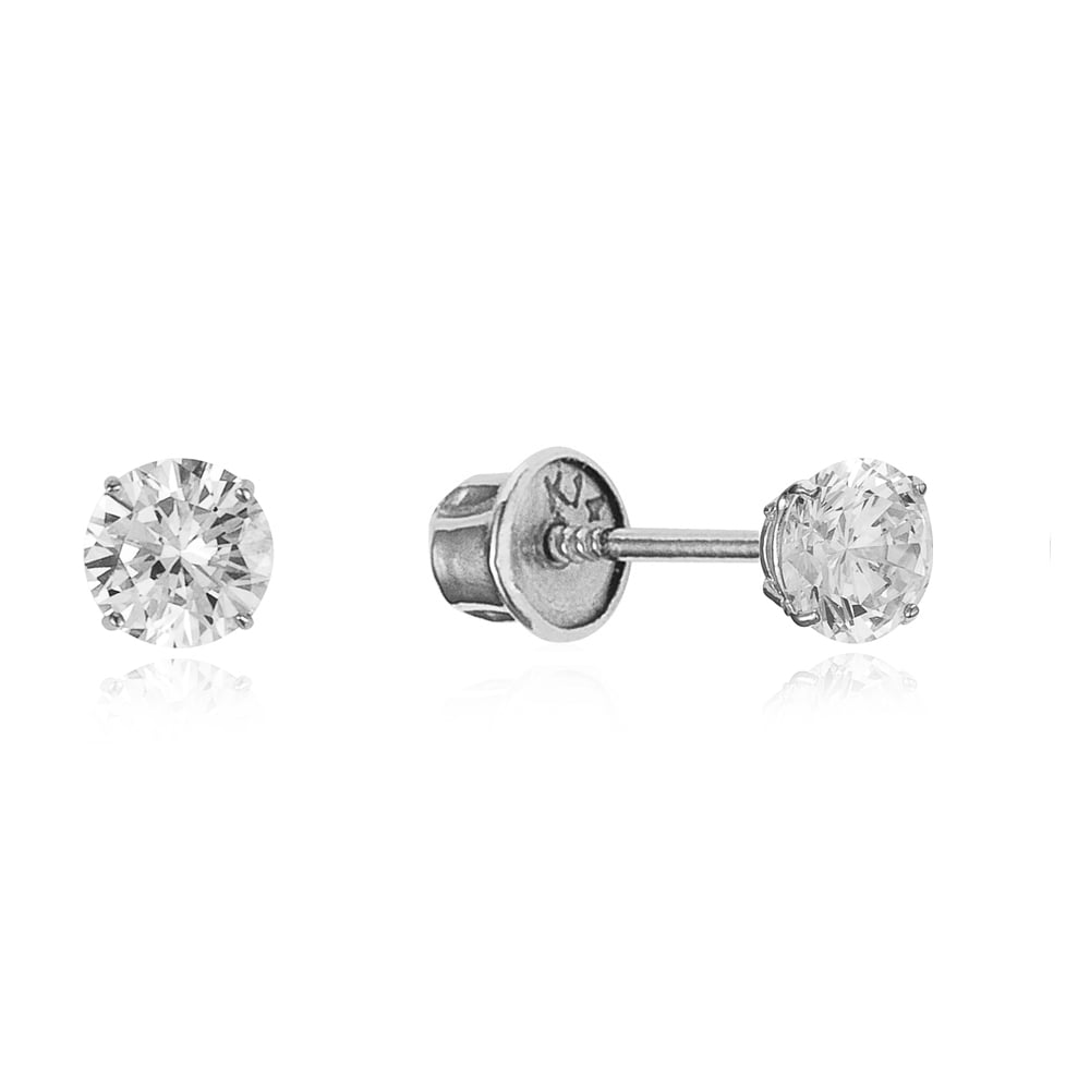 14k White Gold 3mm April Round Basket Cubic Zirconia Children Screwback Baby Girls Earrings