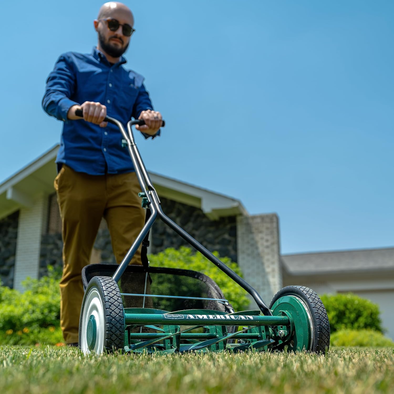 Mower Company 1725-16GC 16-inch 7-blade reel mower with grass debris collection device, designed specifically for lawns, green model