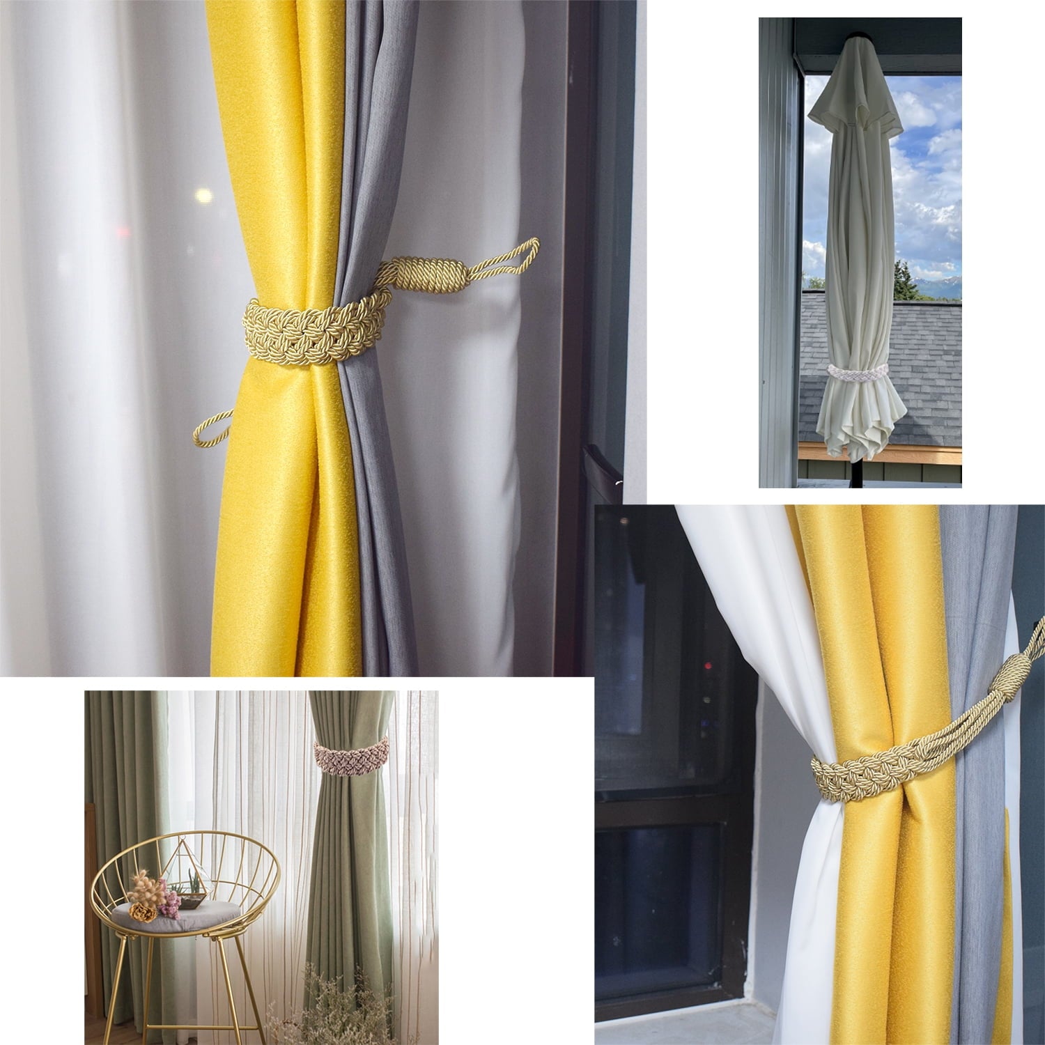 2 Pack Curtain Tiebacks Handmade Curtain Rope Tie-backs Decorative Drapery Holdbacks (Golden)