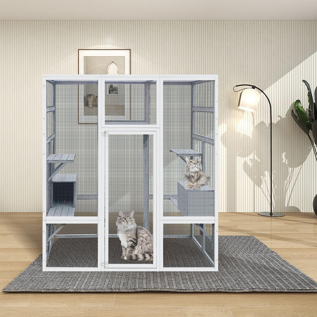 62.6-inch wooden outdoor cat house, large cat cage room, equipped with 7 platforms, 2 rest boxes and a rainproof roof, suitable for multiple pets to use. Step-in cat apartment shelter, white model