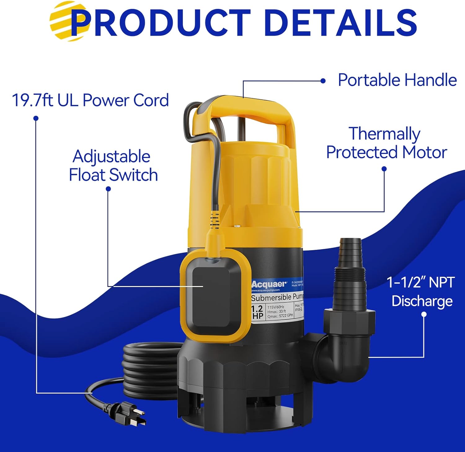 3/4HP Submersible Sewage Effluent Pump, Cast Iron, 115V 6400 GPH Automatic Tethered Float Switch, Sump Pump for Sump Basin, Basement, Residential Sewage, 2'' NPT Discharge