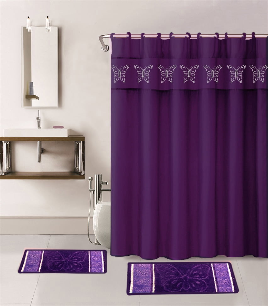15-PIECE BATHROOM SET : 2-RUGS/MATS, 1 -FABRIC SHOWER CURTAIN, 12-FABRIC COVERED RINGS NON SLIP RUGS BUTTERFLY PURPLE
