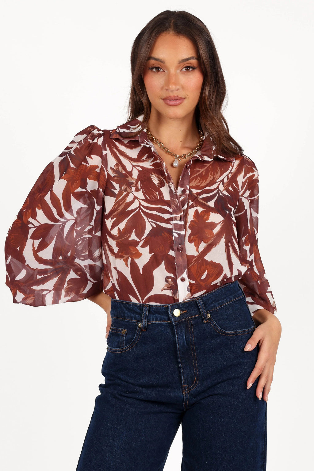 Collared V-Neck Button-Front Blouse