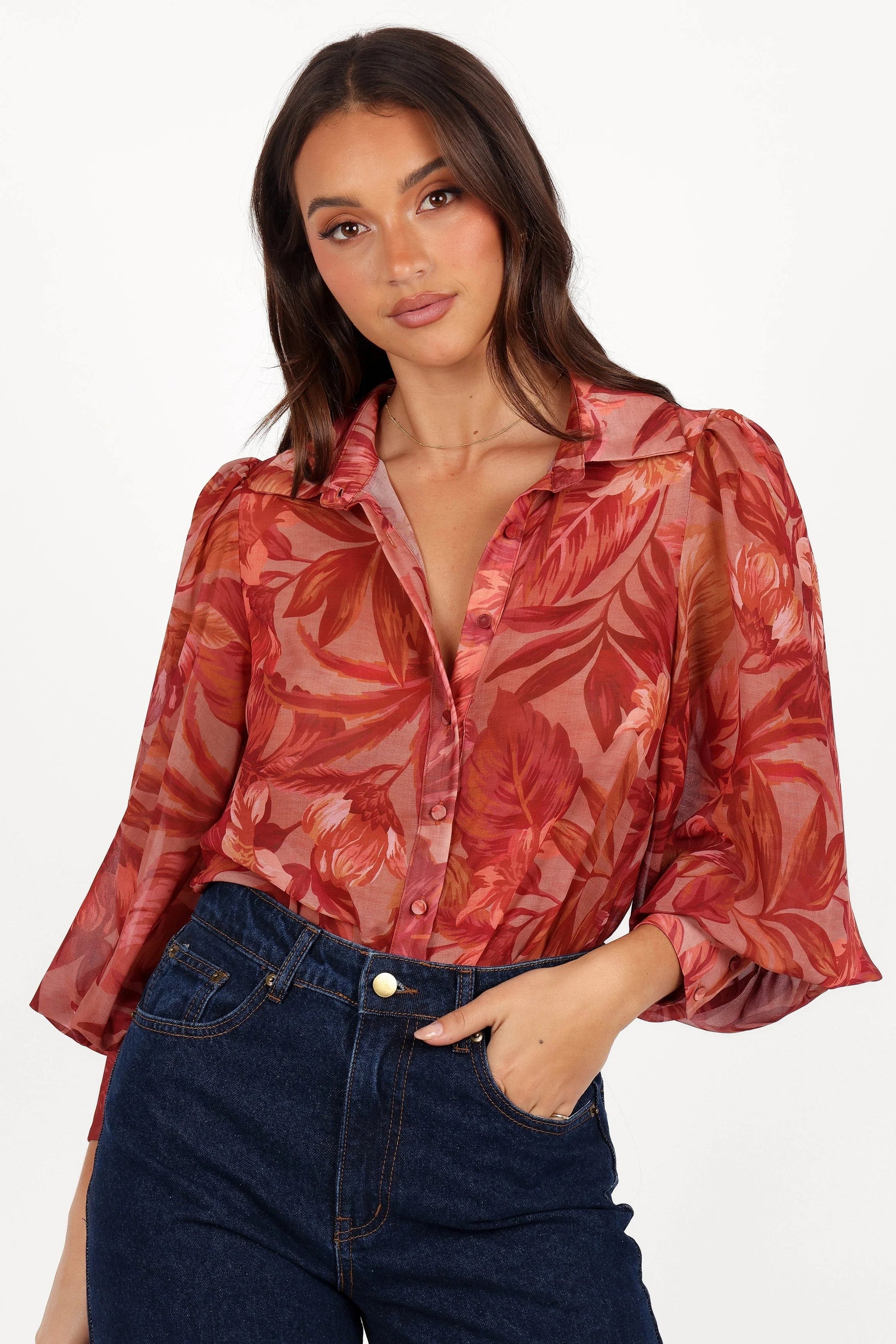 Collared V-Neck Button-Front Blouse