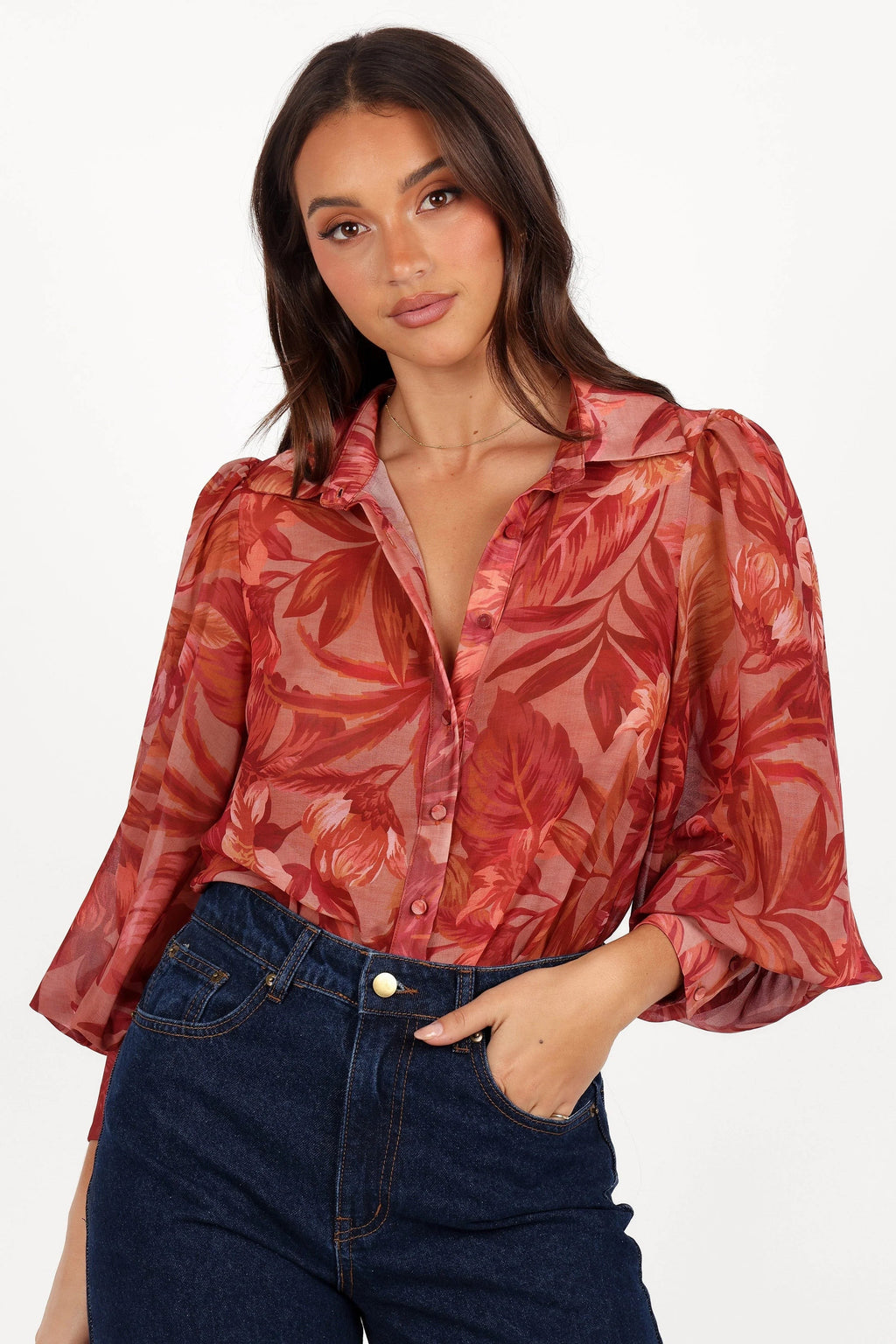 Collared V-Neck Button-Front Blouse
