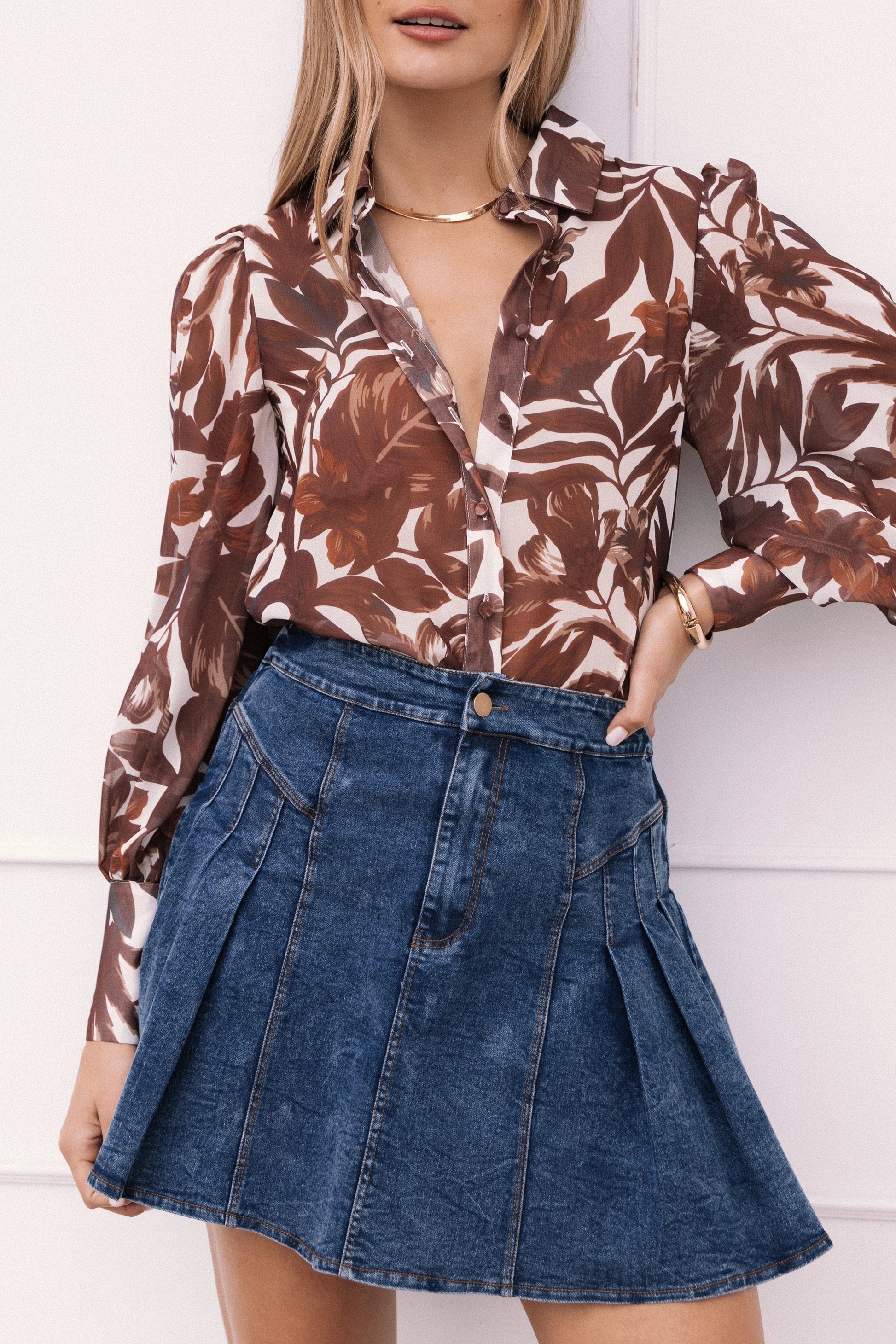 Collared V-Neck Button-Front Blouse