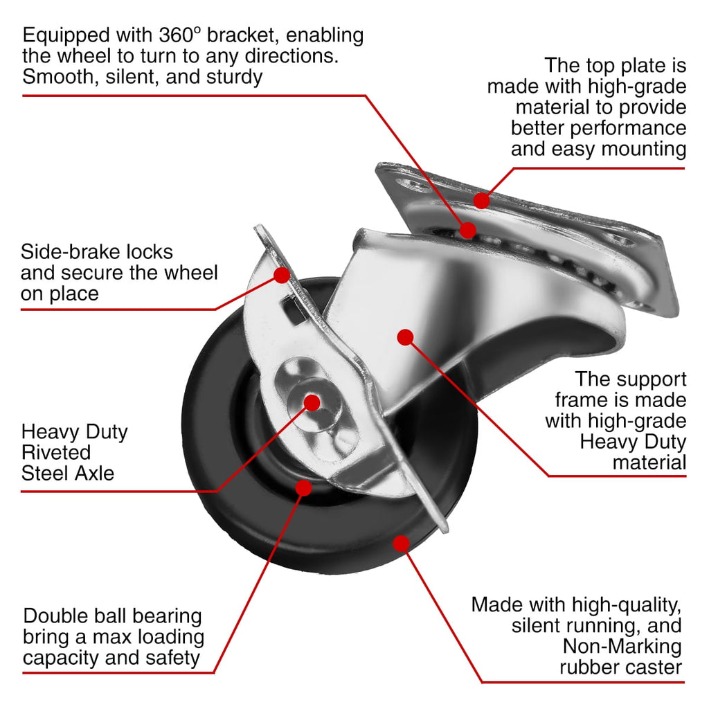 12 Pack 2′ Swivel Caster w/ brake Wheels Hard Rubber Base with Top Plate and Bearing