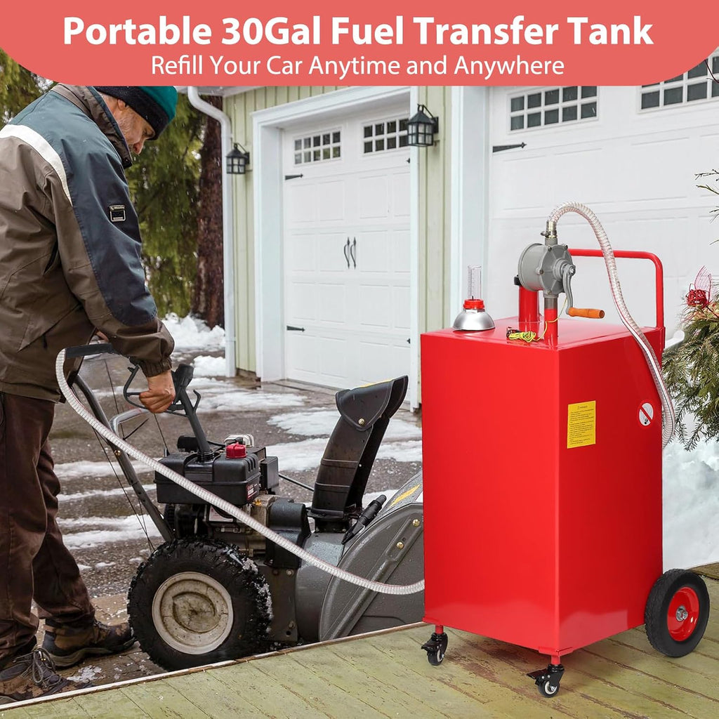 30 Gallon Fuel Caddy, Fuel Tank with Manual Transfer Pump for Gasoline & Diesel, Durable 4-Wheel Design, Mobile Fuel Storage for Cars, Trucks, Boats, Lawn Mowers, Red