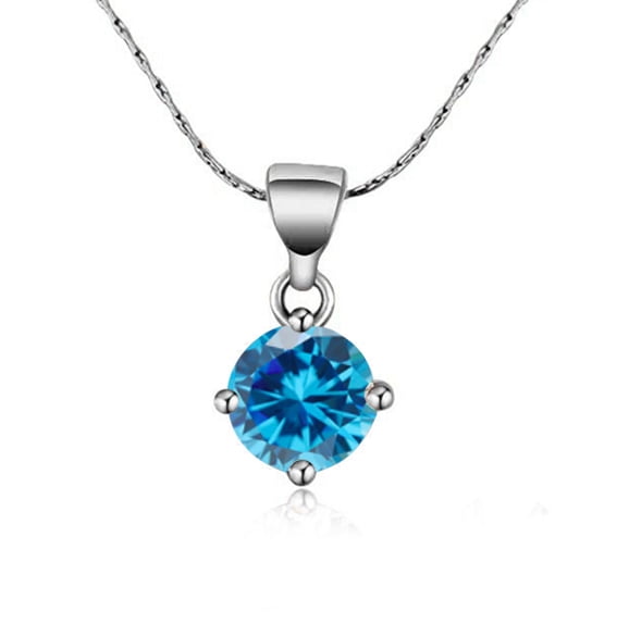 18K White Gold 1 Carat Created Aquamarine Round Stud Necklace Plated 18 inch