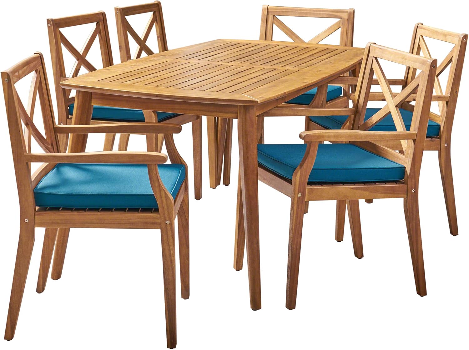 7-piece cherry wood dining set, teak surface / blue