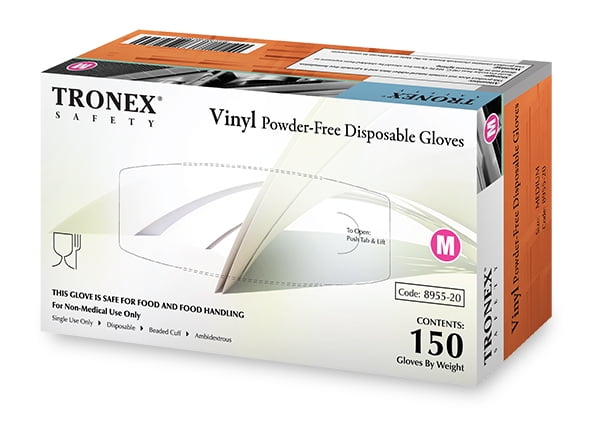 150 Pack Tronex Vinyl Powder-Free Disposable Gloves, Food Safe, Value Pack, Clear, Medium (Box of 150)