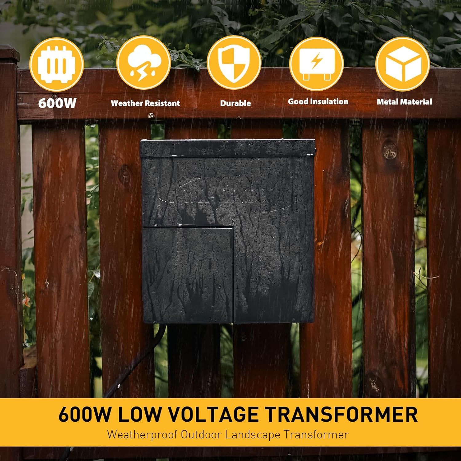 600W low-voltage transformer, outdoor landscape lighting transformer, 120V AC to 12V AC conversion, equipped with sensor and rain cover, suitable for garden LED lighting, spotlights, sidewalk lights