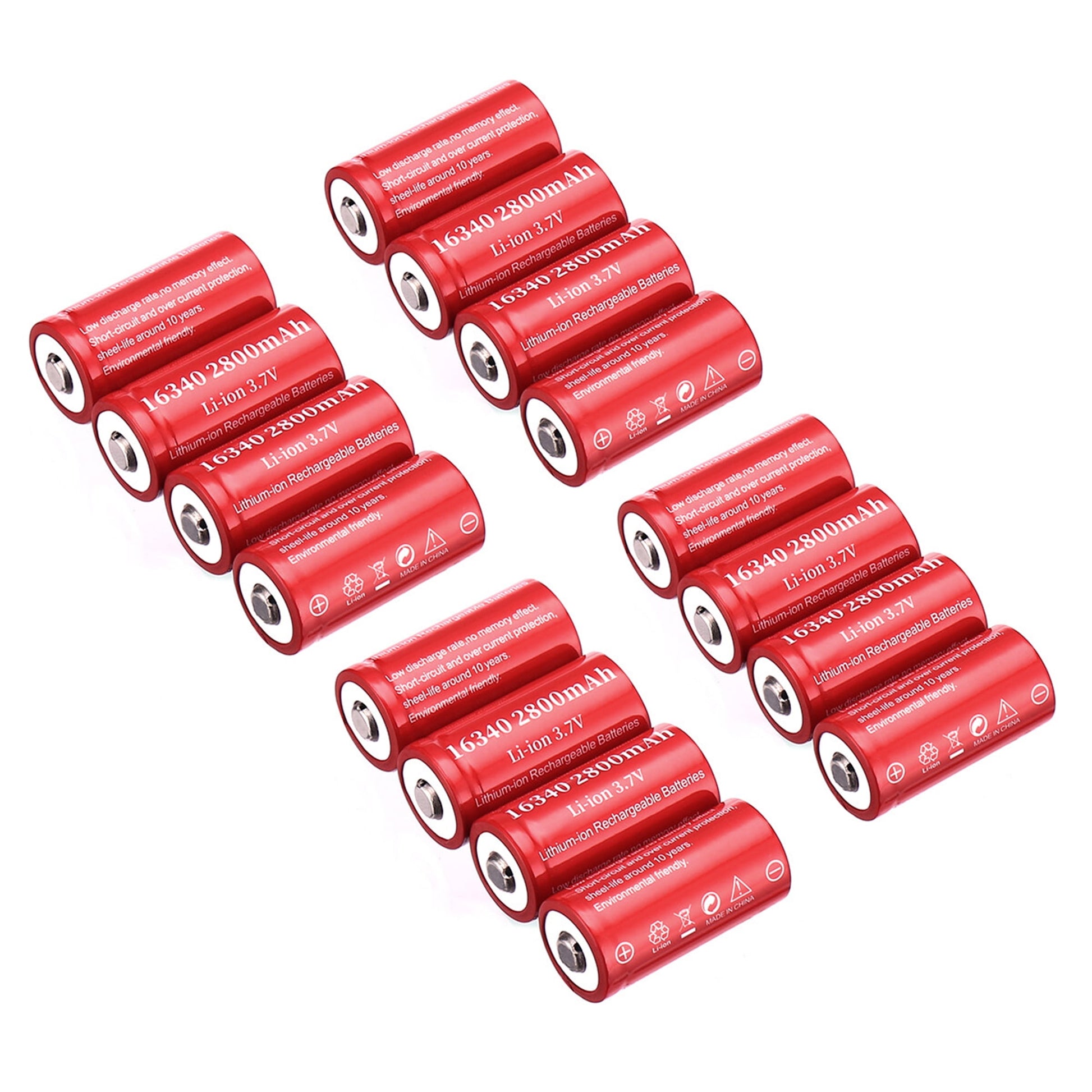 16-Pack 3.7V 2800mAh CR123A 16340 Li-Ion Rechargeable Batteries for Flashlight Camera
