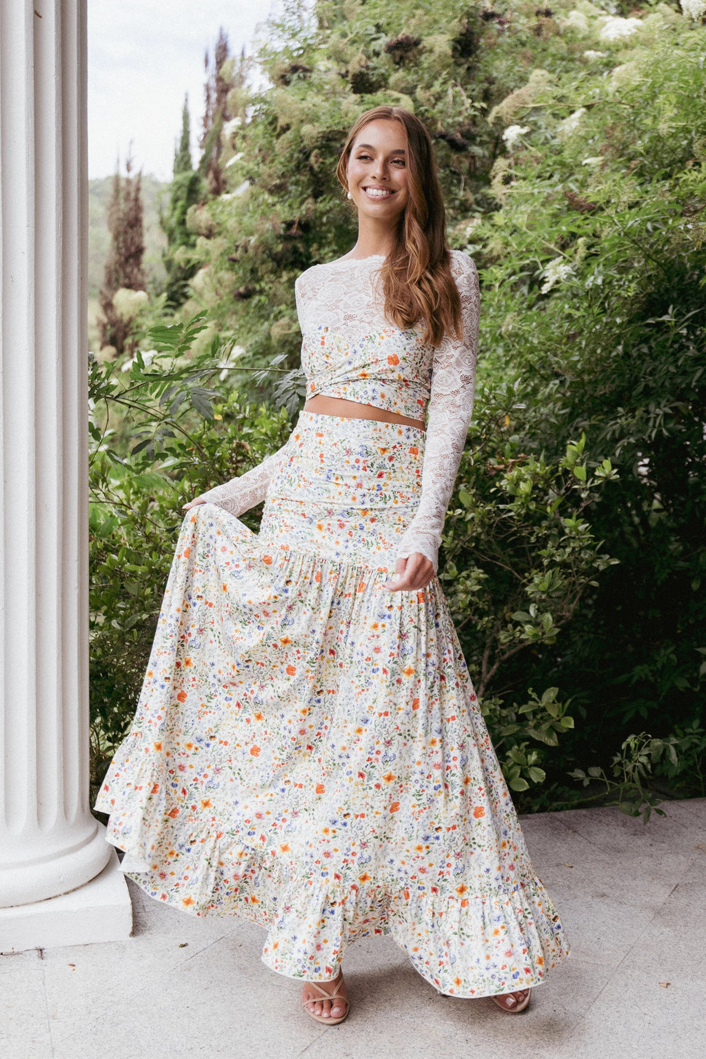 Dara Garden-Floral Drop-Waist Maxi Skirt