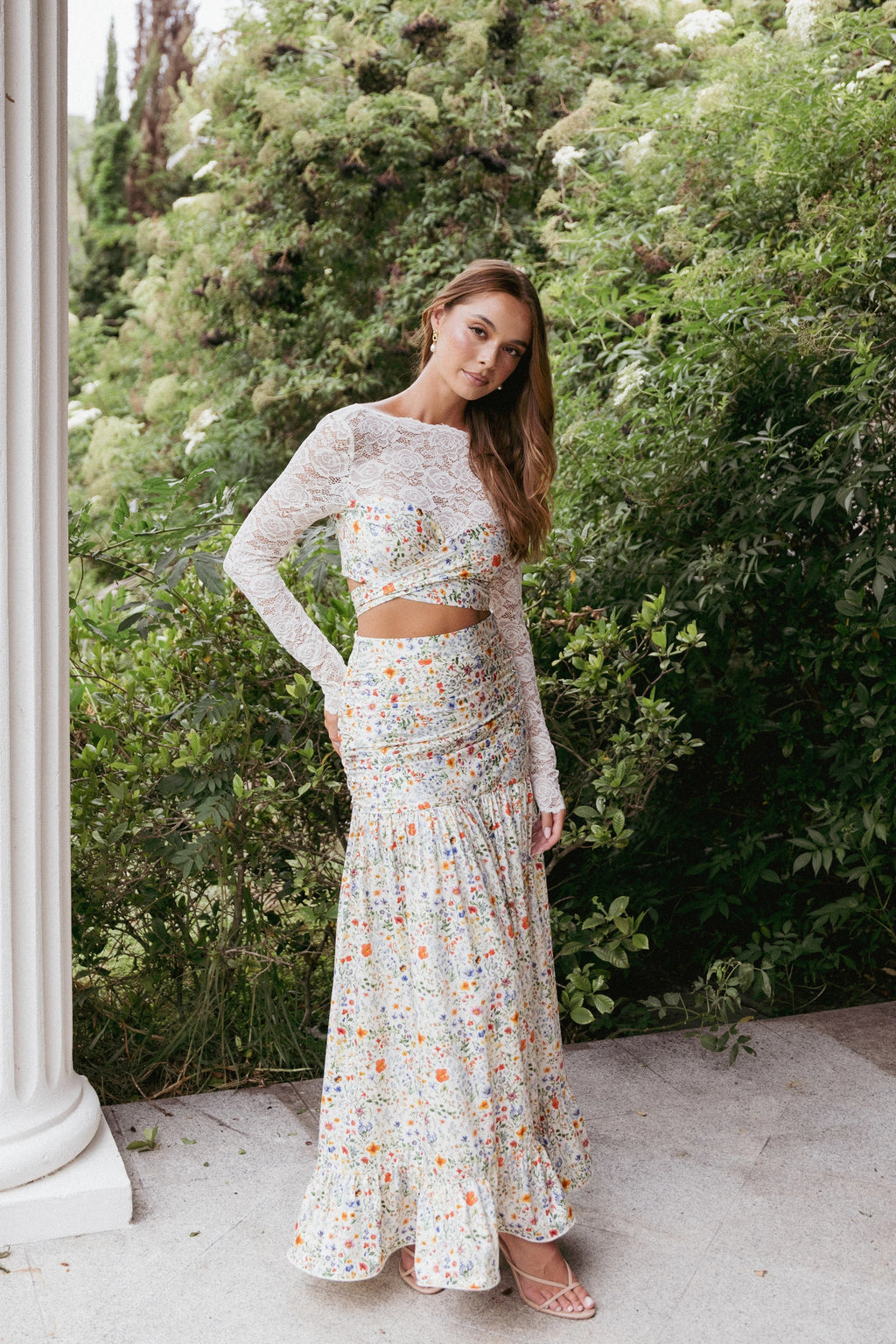 Dara Garden-Floral Drop-Waist Maxi Skirt