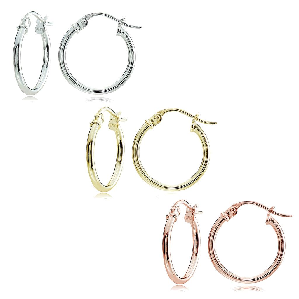 14kt Gold over Sterling Silver 15mm Tricolor Polished Hoop Earring Set