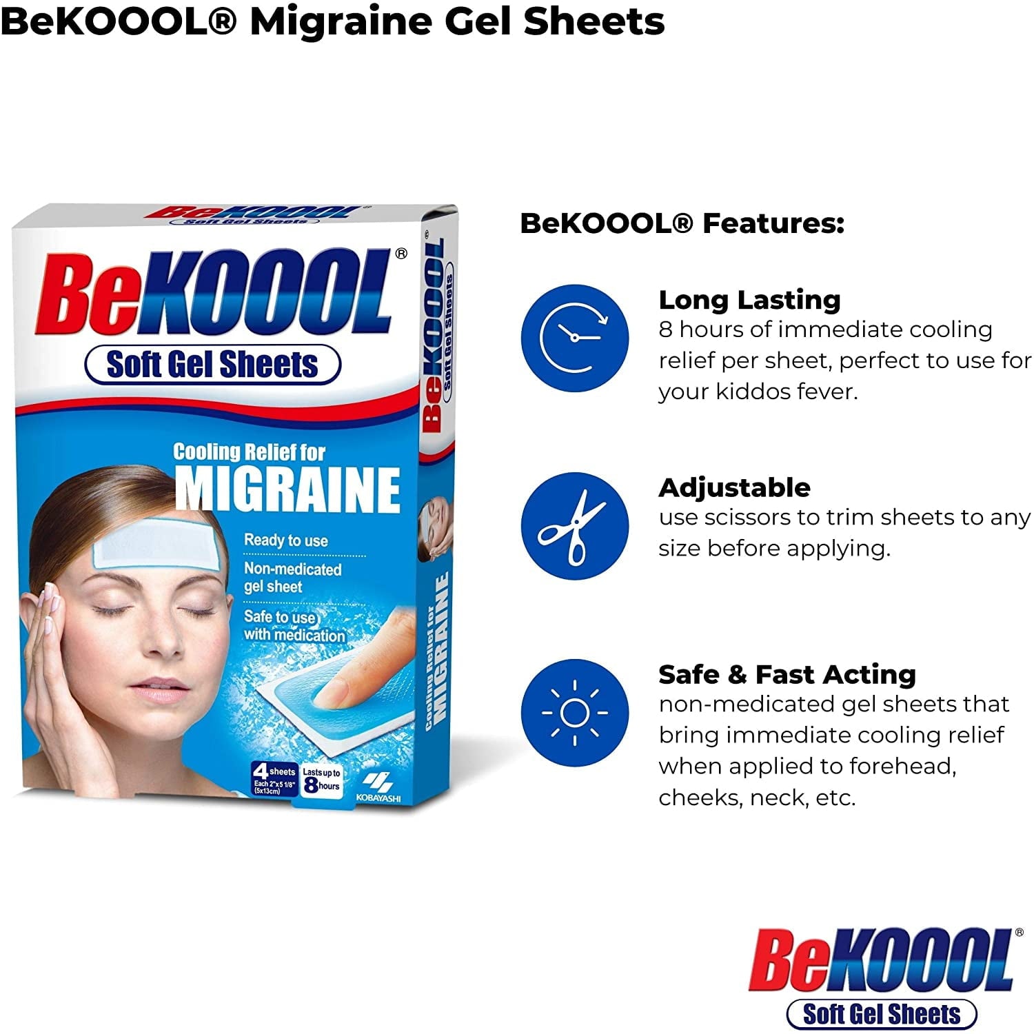 2 Pack – Be Koool Cooling Relief For Migraine Soft Gel Sheets 4 Each