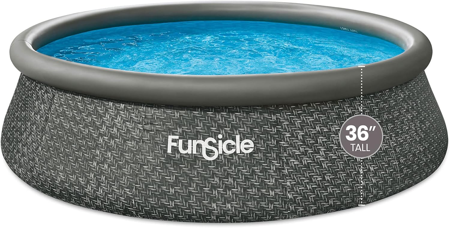 12 Foot by 36 Inch Quickset Round Inflatable Ring Top Outdoor Above Ground Swimming Pool Set with Pump and Cartridge Filter, Dark Herringbone