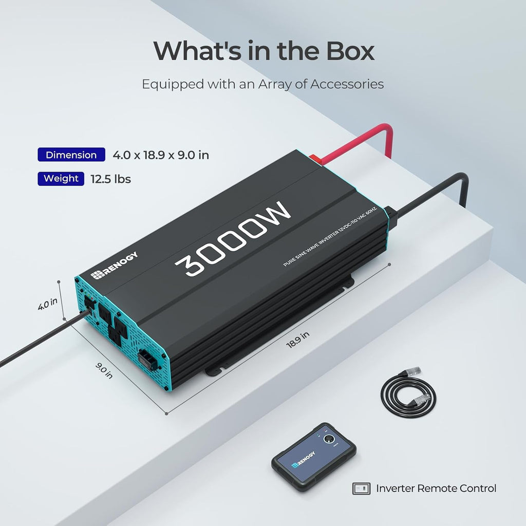 3000W Pure Sine Wave Inverter 12V DC to 120V AC Converter for Home, RV, Truck, Off-Grid Solar Power Inverter 12V to 110V with Built-in 5V/2.1A USB / Hardwire Port, Remote Controller