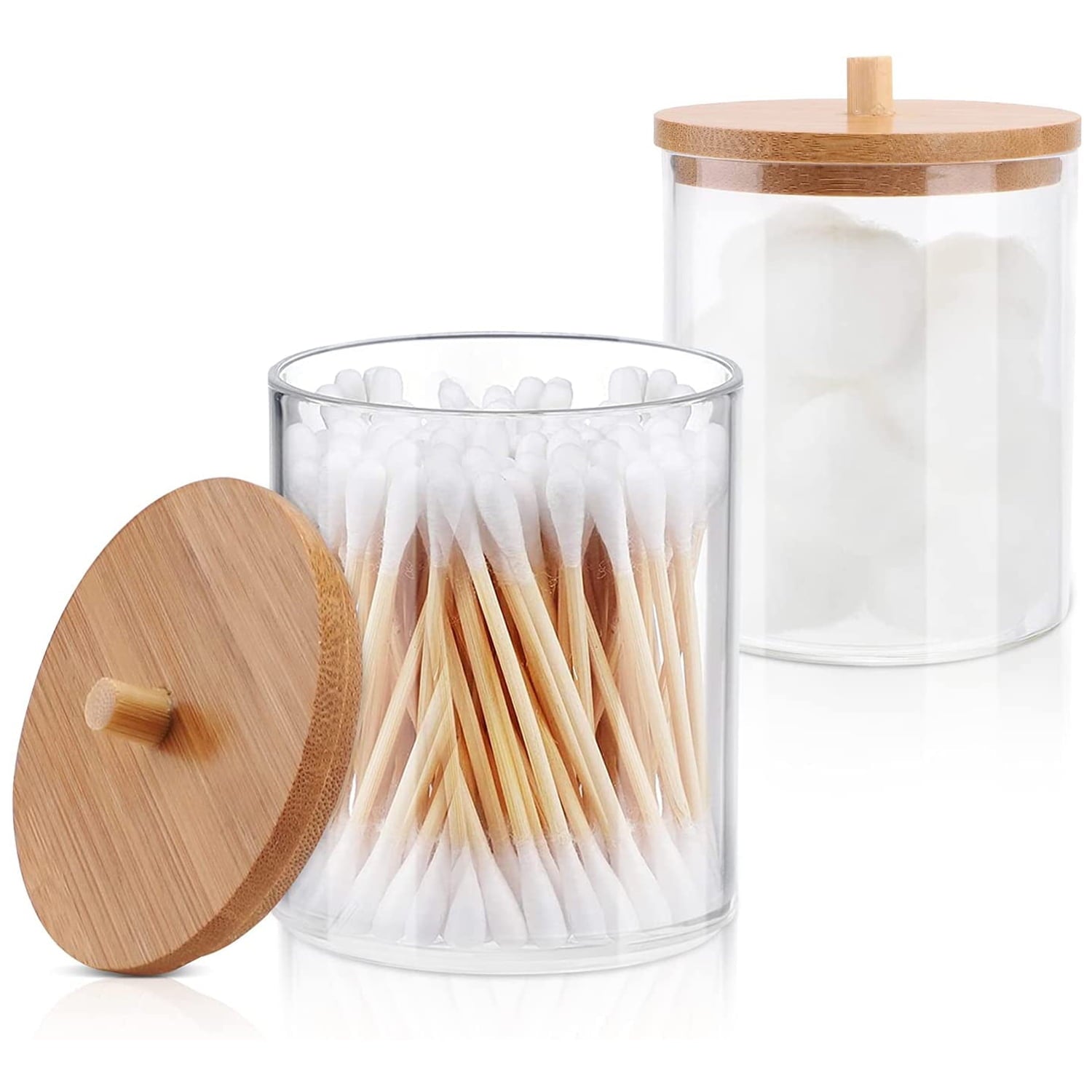2 PCS Acrylic Qtip Holder Dispenser Bathroom Jars with Bamboo Lids, Cotton Ball Pad Round Swab Holder for Bathroom Accessories Storage Organizer