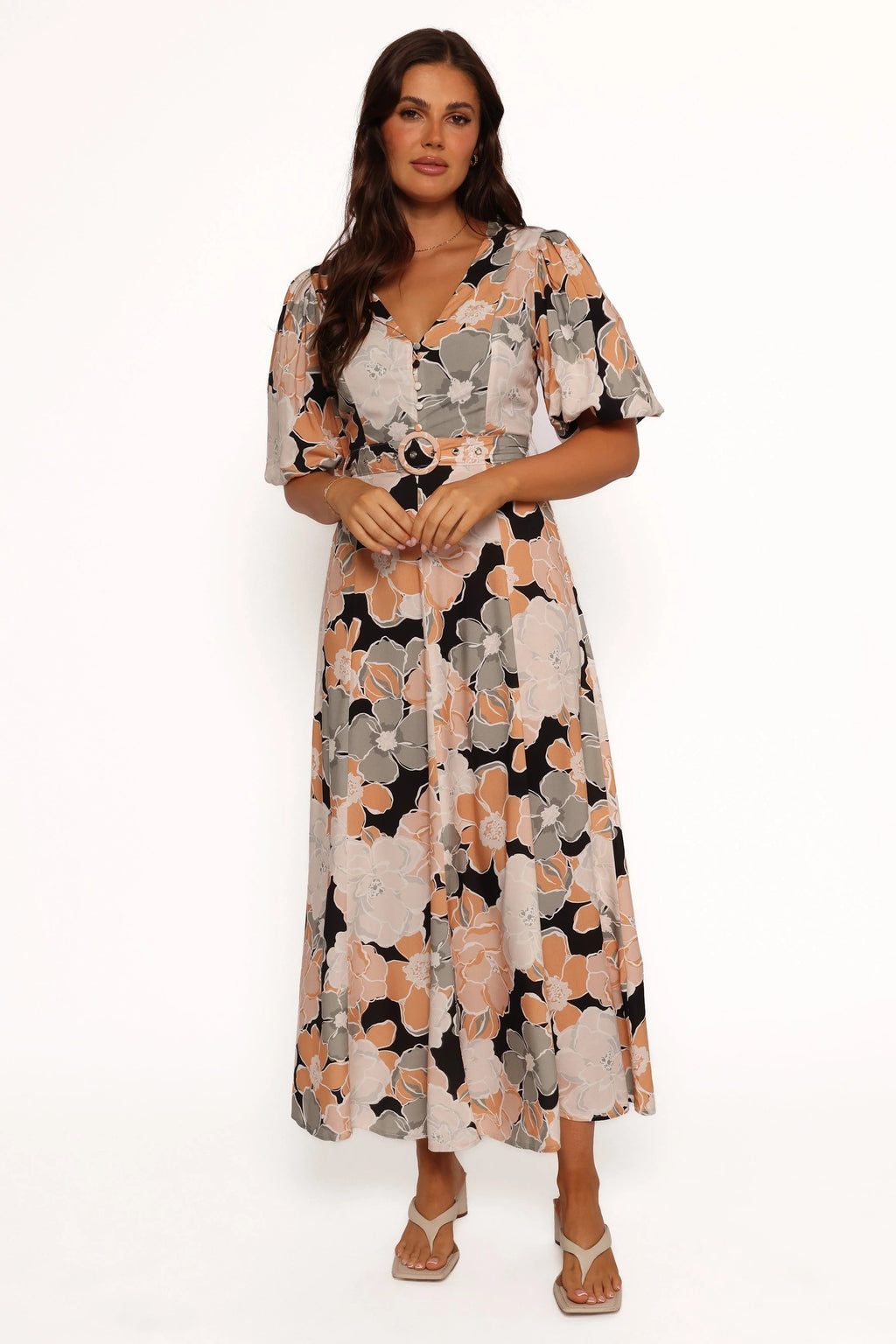 Detachable-Belt Floral A-Line Maxi Dress