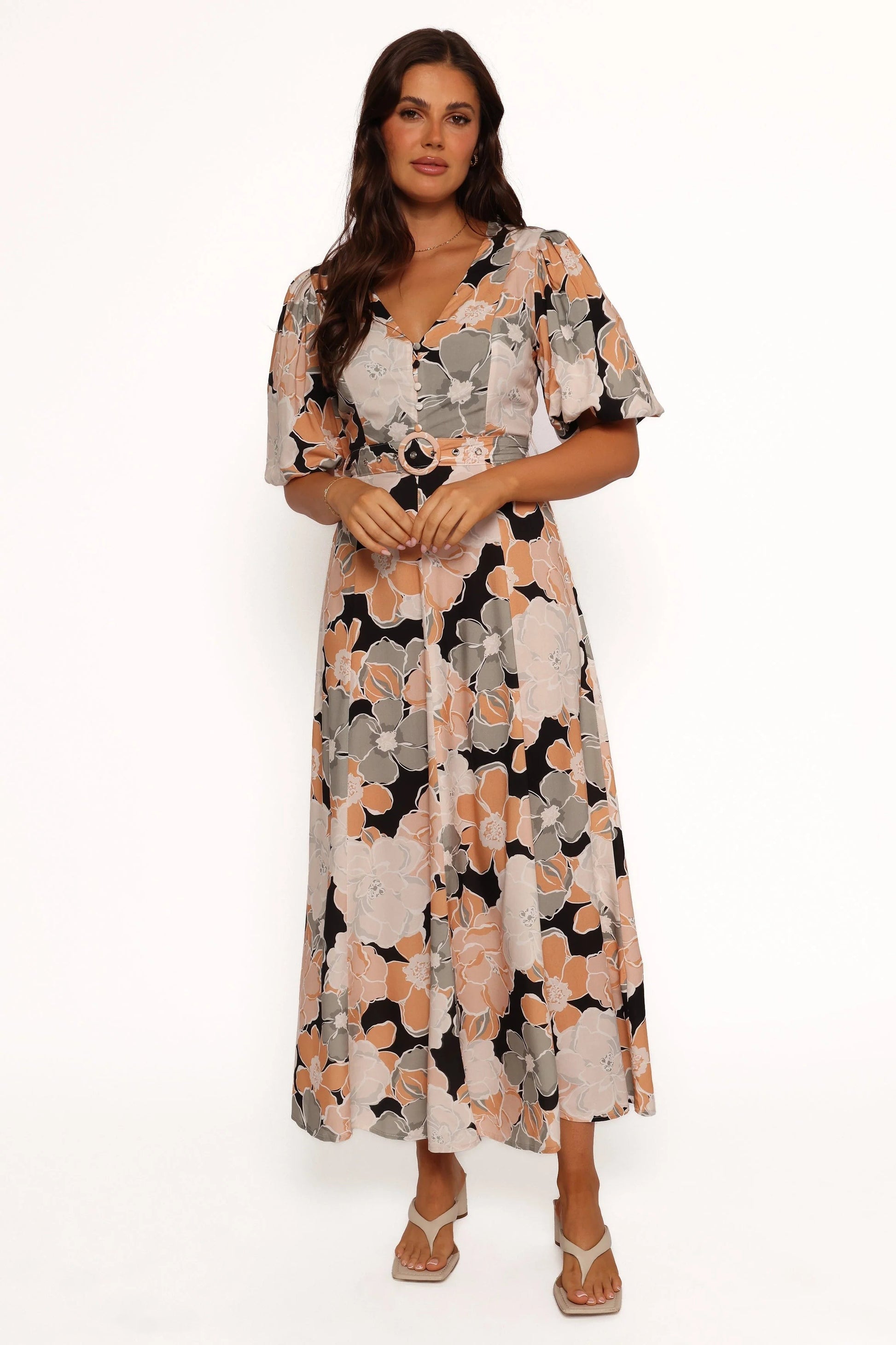 Detachable-Belt Floral A-Line Maxi Dress