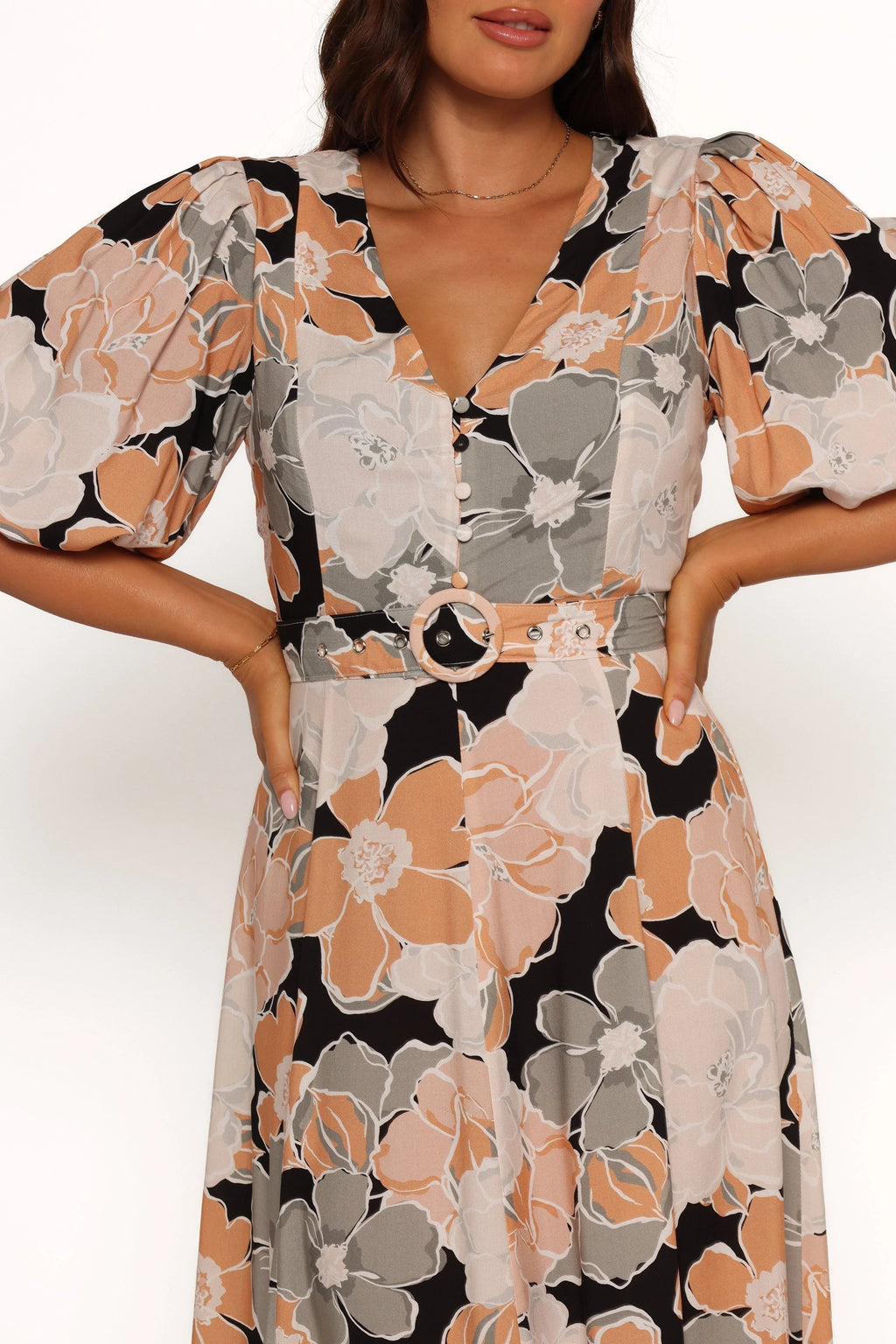 Detachable-Belt Floral A-Line Maxi Dress